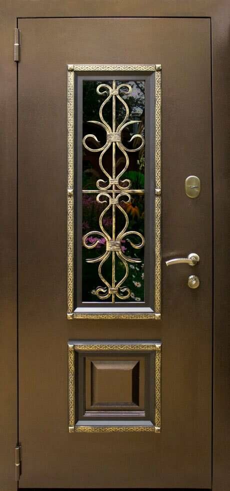Антик Ажур ЦСД дверь антик медь снаружи, металлическая со стеклом и ковкой для загородного дома