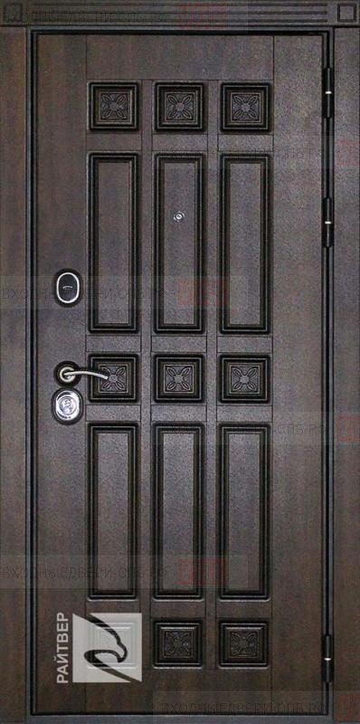 Входная дверь Райтвер Спарта внешняя отделка МДФ-панель цвета «Тёмный дуб» спартанский орнамент