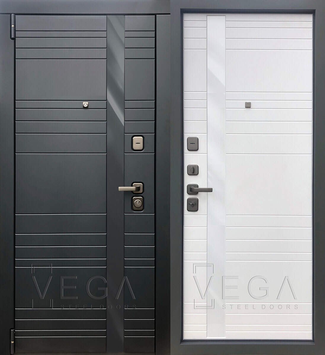Металлическая дверь VEGA Vinchenzo 63990 отделка снаружи Серый, белый матовый внутри