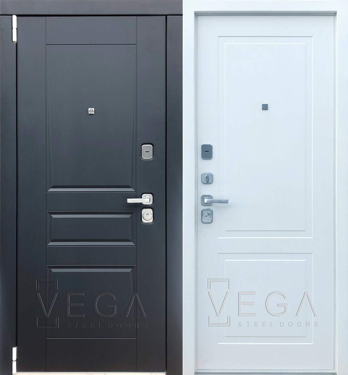 Металлическая дверь VEGA Victoria 60990 отделка снаружи Серый, белый матовый внутри